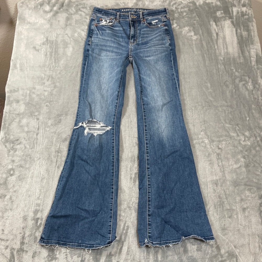 American Eagle Womens Jeans Size 0 Regular Super Hi-Rise Flare Distressed Blue